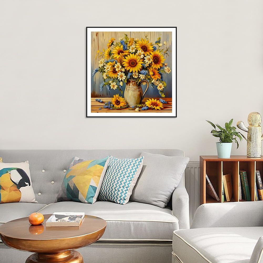 Sunflower Diamond Art Kits for Adults - 11.8x11.8 Inch 5D Full Drill Round Diamond Painting - DIY Floral Gem Art for Beginners - Rhinestone Bead Craft for Home Wall Decor & Creative Gifts
