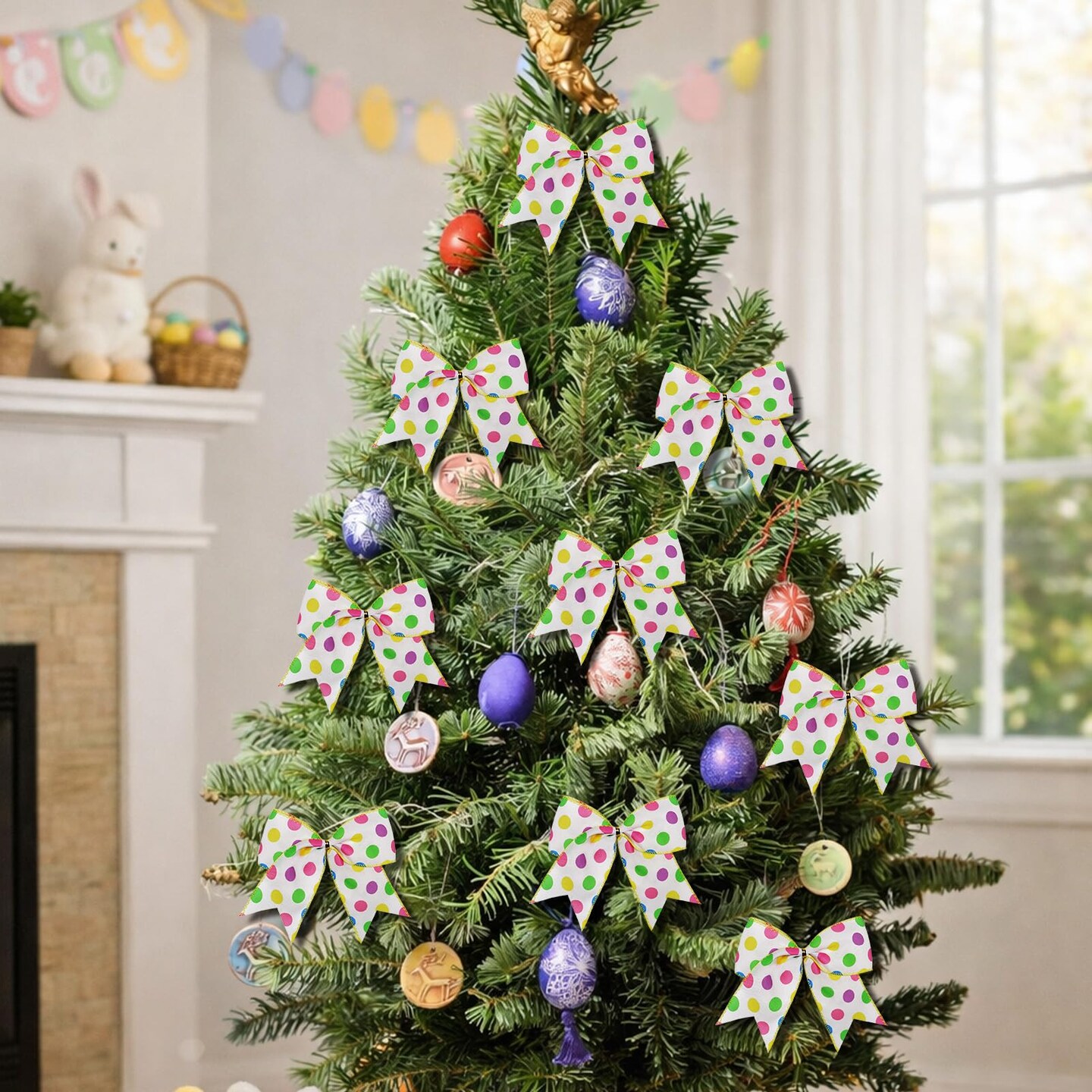 12 Pcs Easter Tree Bows Decorations,6 Inch Spring Summer Ornaments with Colorful Dots for Tree Basket Home Party Front Door Indoor Outdoor Holiday Decor
