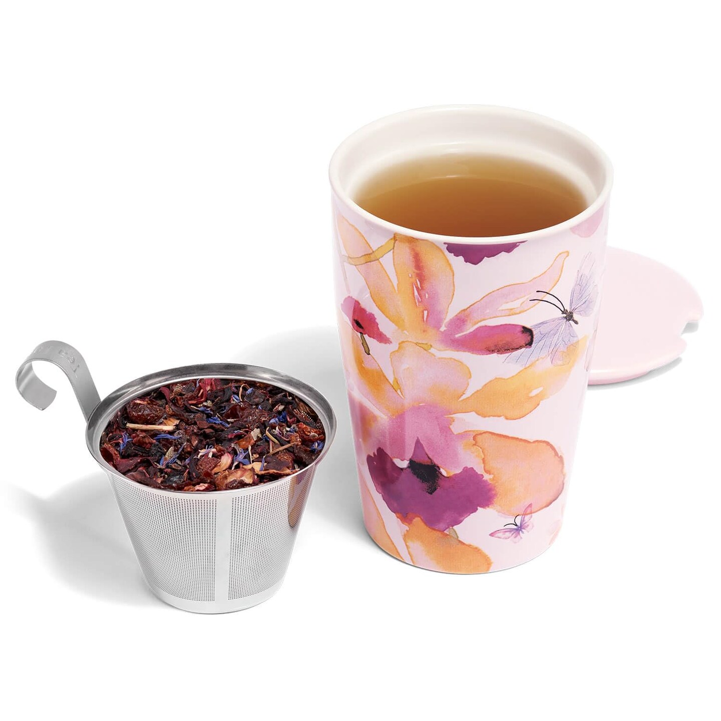 Tea Forte Double-Walled Ceramic Kati Cup, Removable Stainless Steel Infuser Basket and Lid, Steeps 12 oz Loose Leaf Tea, Dishwasher & Microwave Safe, Mariposa