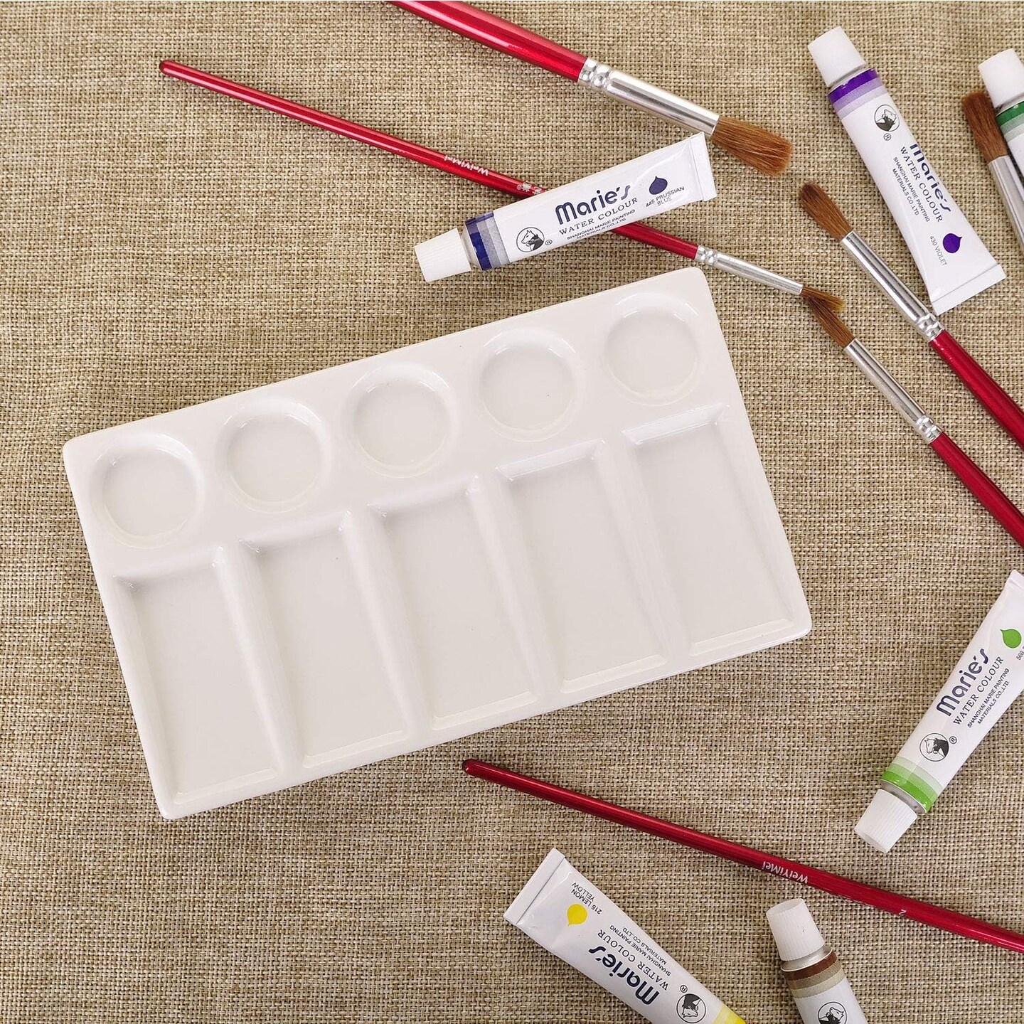 10 Wells White Rectangle Ceramic Artist Paint Palette, Porcelain Watercolor Palette, Ceramic Mixing Tray for Watercolor Gouache Painting, 7.6 inch