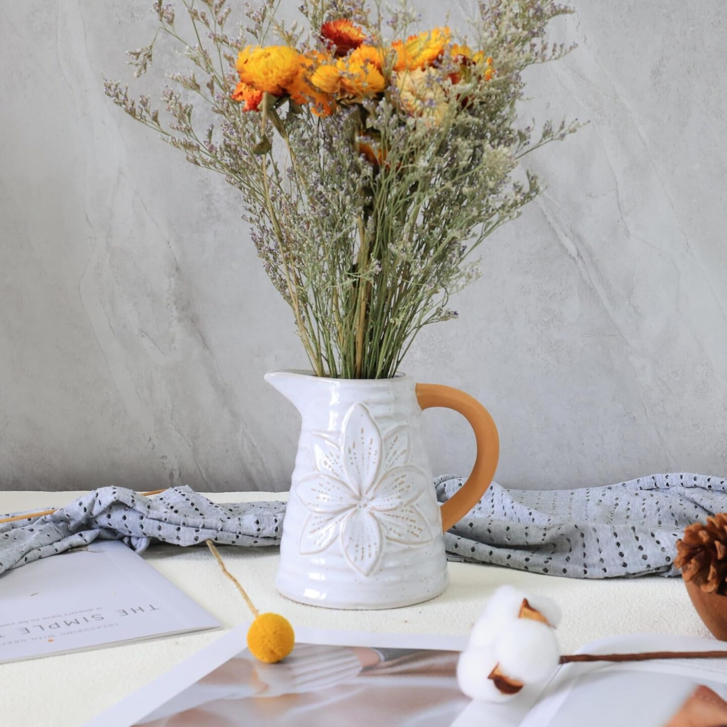 Rustic Farmhouse Vase, Polka Dot Flower Pattern Design for All Home Decor Styles, Ceramic Flower Vase, Ideal for Living Room,Dining Room, Mantel, Bedroom,Office, Bookshelf Decoration 6.3"L x 4.72"W x 6.02"H