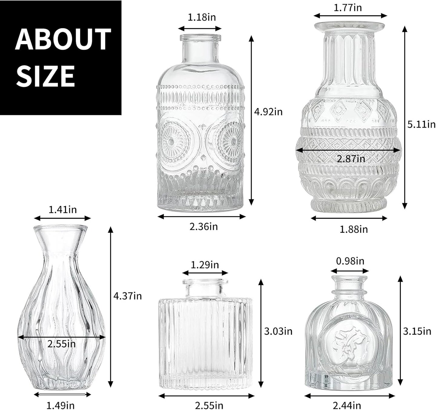 Set of 5 Bud Vases, Small Vase for Flowers, Glass Vase for Home Decor, Wedding Decorations, Clear Flower Vases for Centerpieces, Vintage Vase for Home Decor 2.56"L x 2.56"W x 4.92"H