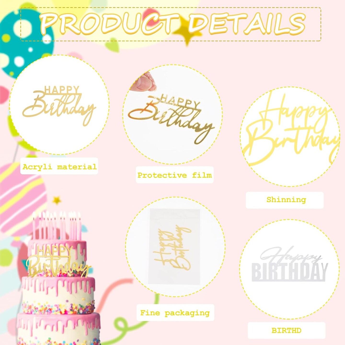6PCS Happy Birthday Cake Toppers Set Side Mirror Acrylic Cake Topper Glitter Happy Birthday Cake Topper Birthday Decorations for DIY Cake Decor Cake Tools Birthday Party Supplies