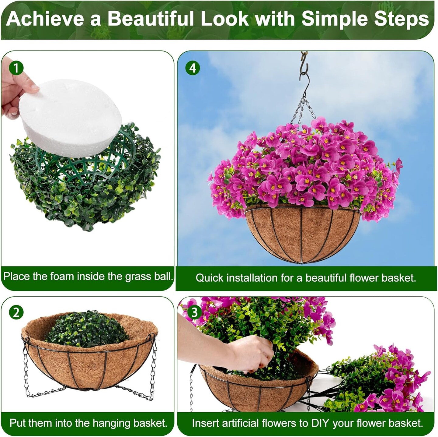 12&#x201C; Hanging Basket with Faux UV Resistant Silk Flowers, Realistic Fake Hanging Eucalyptus Plants