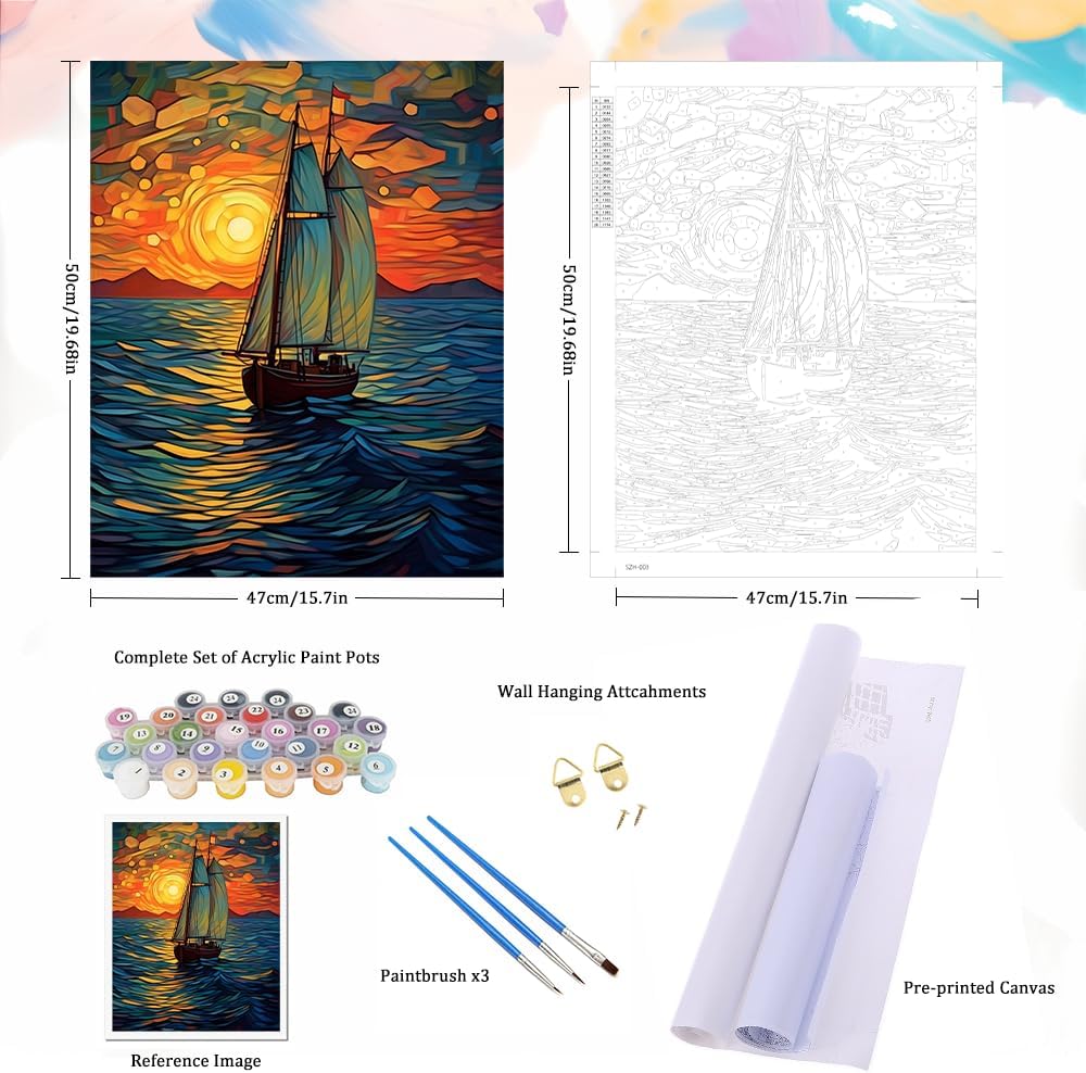 Paint by Numbers for Adults - DIY Adult Paint by Number Kits Painting on Canvas Sailboat Painting by Numbers for Beginners, Sunset Landscape Art Craft Kits for Adults (16x20 Inch)