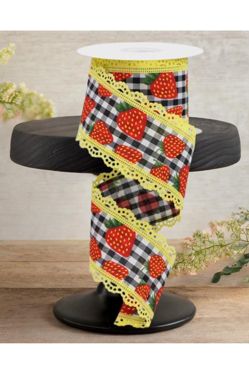 2.5&#x22; Strawberries Check Lace Ribbon: Black &#x26; White (10 Yards)