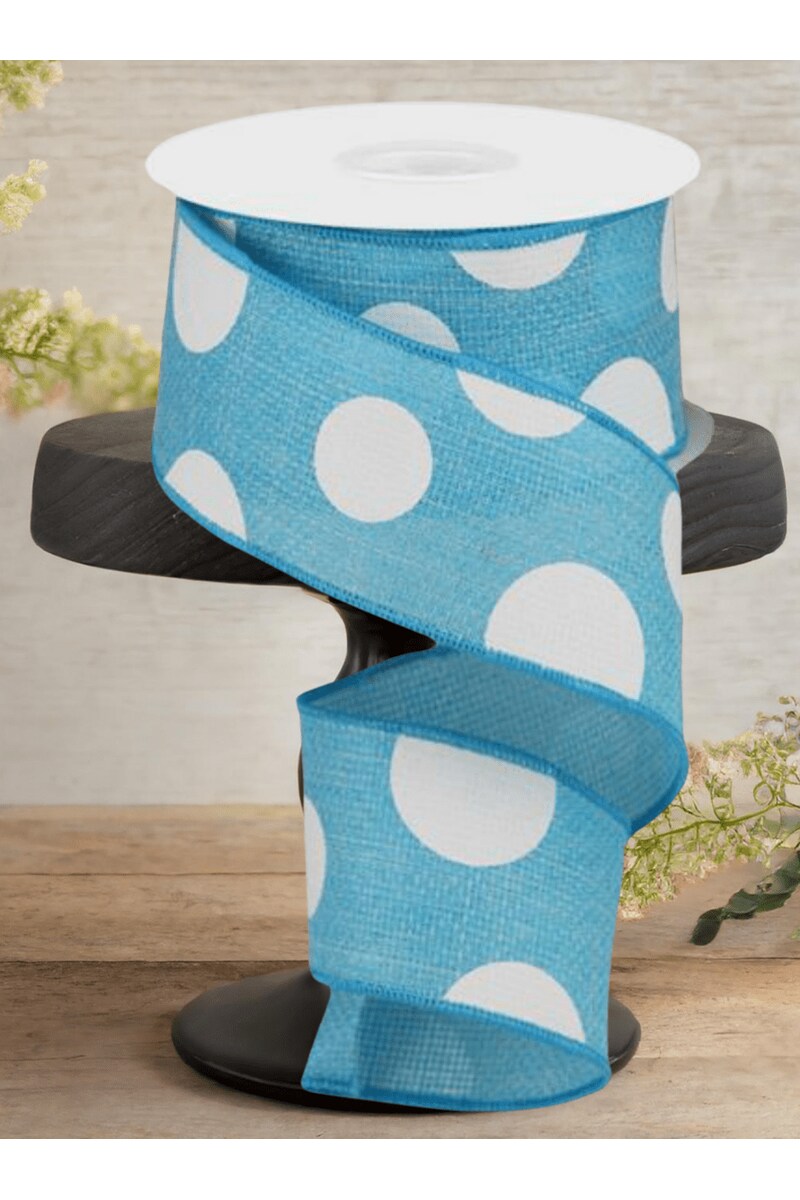 2.5&#x22; Faux Burlap Giant Polka Dot Ribbon: Light Blue &#x26; White (10 Yards)
