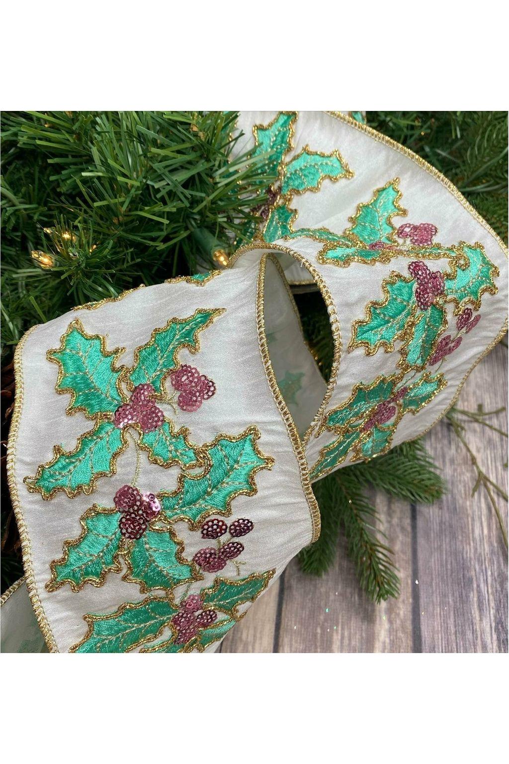 4&#x22; Dupion Pastel Holly Embroider Ribbon: White (5 Yards)