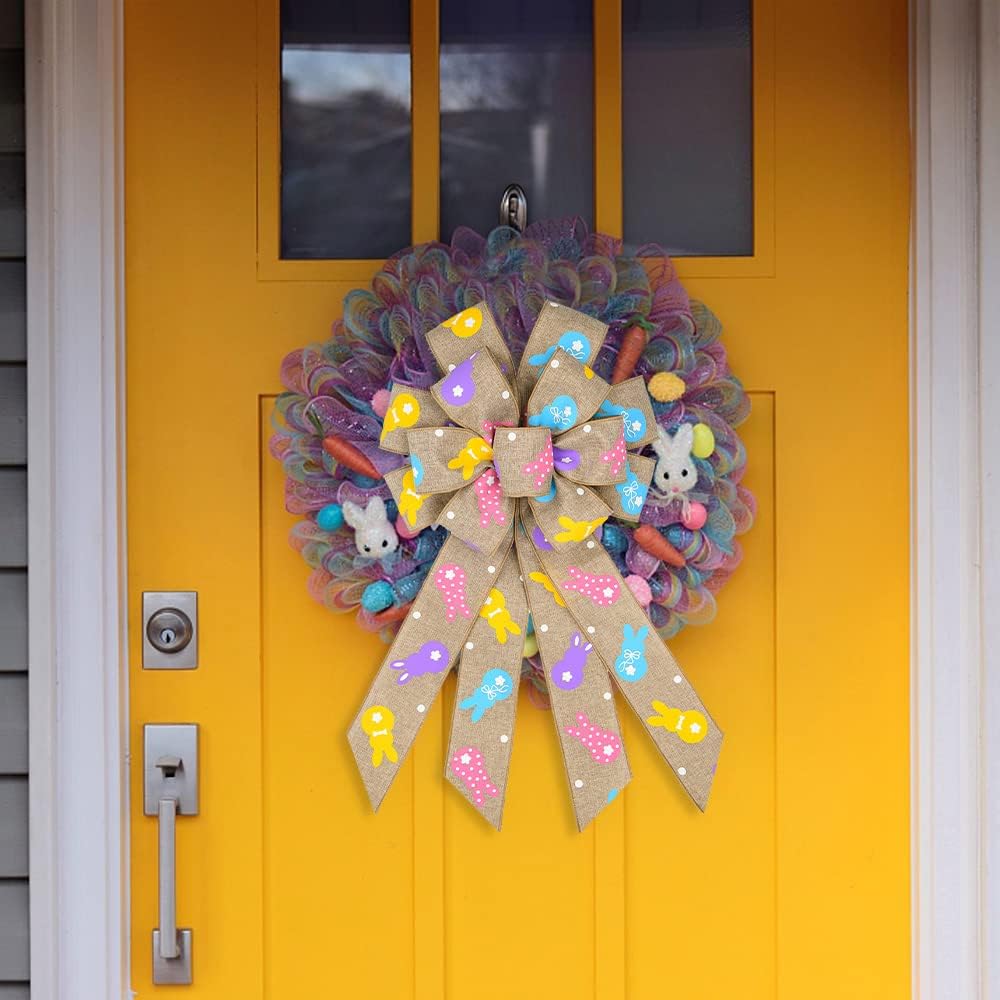 Easter Wreath Bows, Brown Easter Rabbits Pattern Burlap Bows for Wreaths - Easter Decor Burlap Tree Topper Bows for Holiday Front Door Wreath Decorations Indoor Outdoor