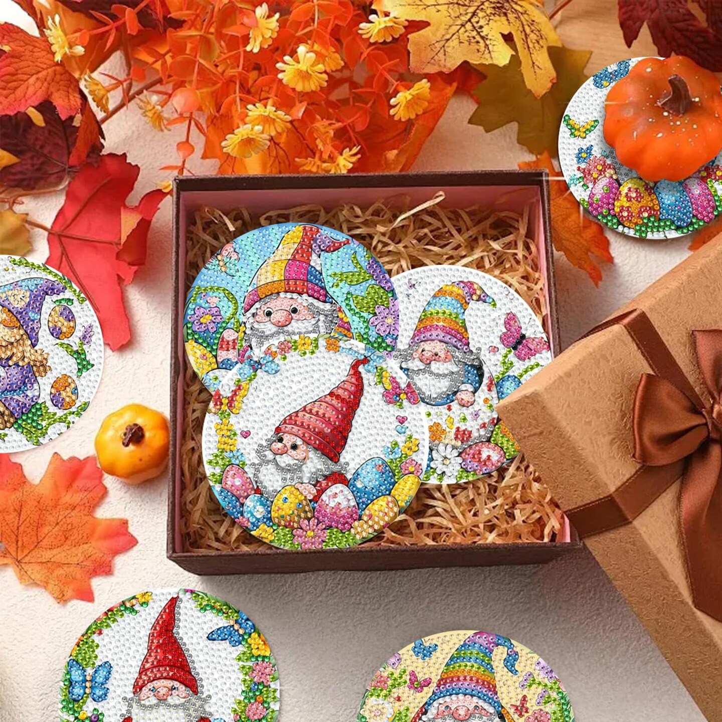 8 PCS Diamond Art Coasters Kit, Diamond Painting Coasters with Holder, Fall Diamond Art Kits for Adults Beginners, Arts and Crafts Supplies Party Item Sets The Easter Gnome