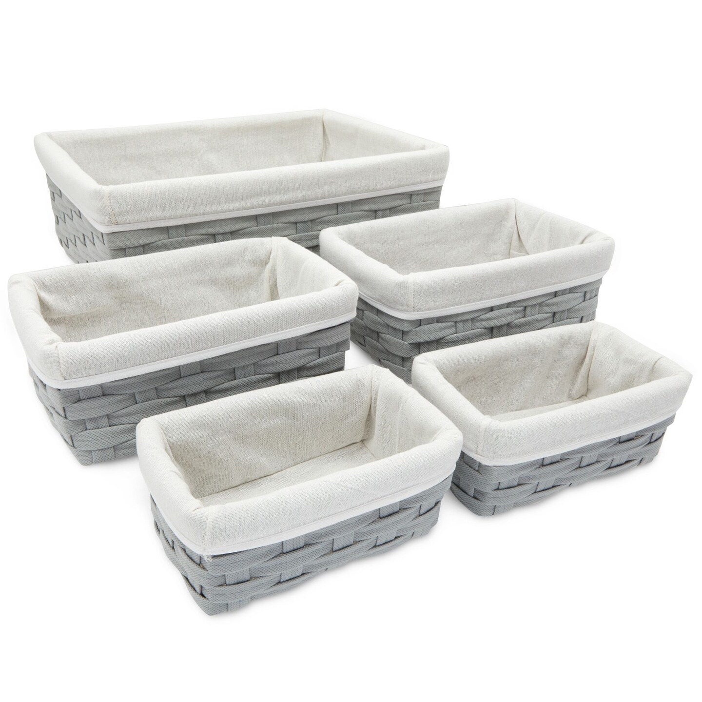 Juvale Wicker Nesting Baskets with Cloth Lining - 5-Pack Gray Rectangular Set - Stackable Storage Bins & Lined Baskets for Organizing Pantry, Closet