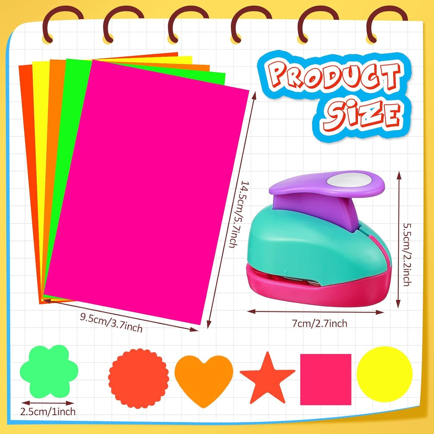 6 Pcs Colorful Craft Hole Punch with 30 Pcs Colorful Craft Sticker Paper Punch 1 Inch Paper Punchers Scrapbook Punches with Craft Sticker Paper, Flower, Round, Star, Square, Heart, Wave Circle Shape