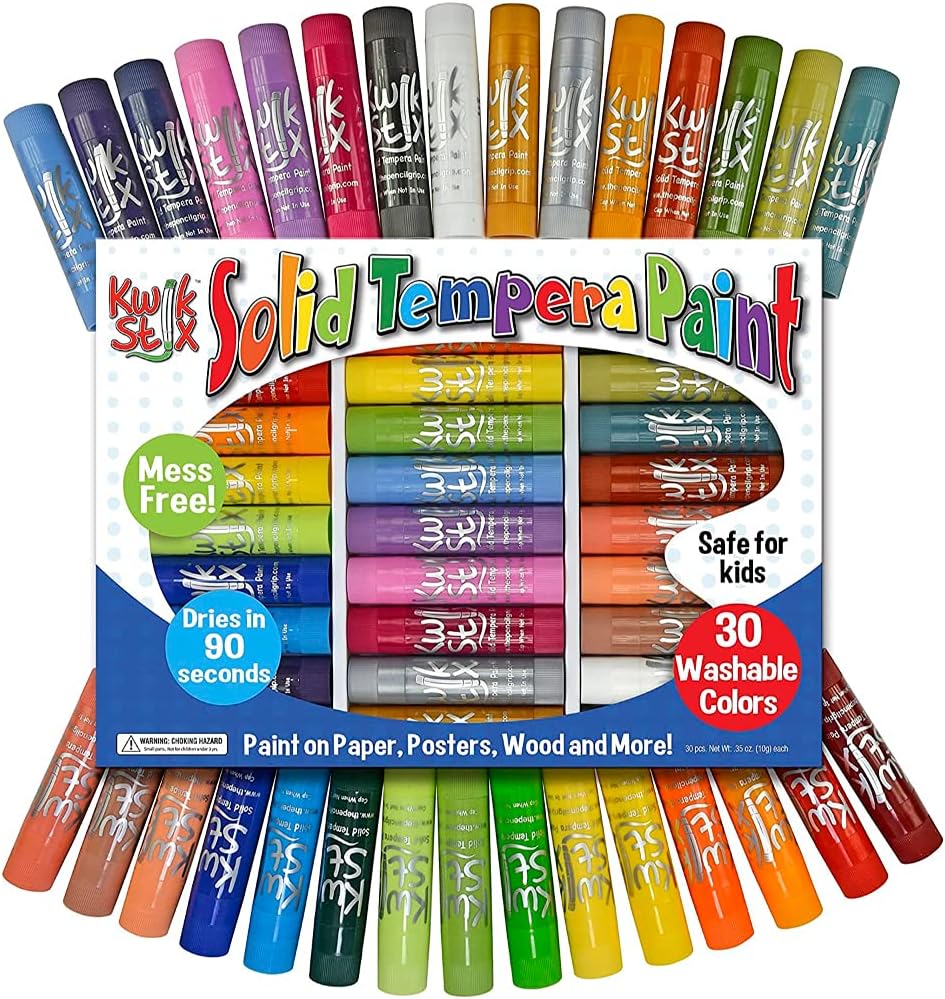 Solid Tempera Paint Sticks, 30 Colors, Washable Paint Sticks for Kids, Super Quick Drying, Non-Toxic, Allergen Free, Paint Sticks in Classic, Pastel, Metallic, Earth & Jewel Colors