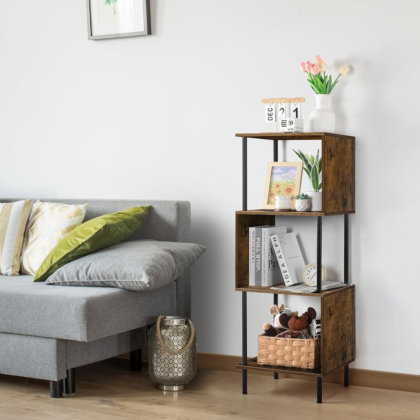 4-Tier S-Shaped Bookcase &#x2013; Modern Freestanding Wooden &#x26; Metal Shelves for Farmhouse, Living Room, Bedroom, Home Office &#x2013; Space-Saving Storage with Anti-Tip Kit