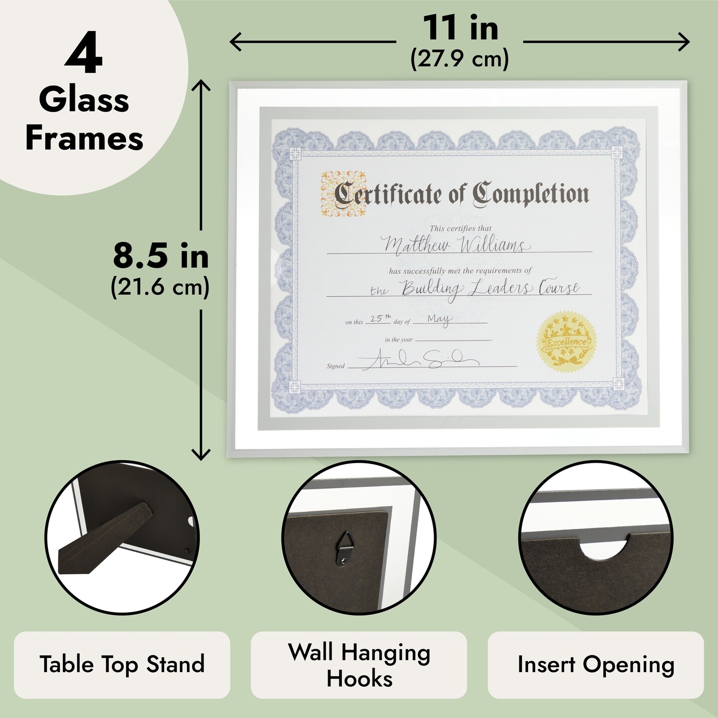 4 Pack 8.5x11 Glass Certificate Frames with Stand for Documents, Diplomas Awards, for Tabletop, Hanging