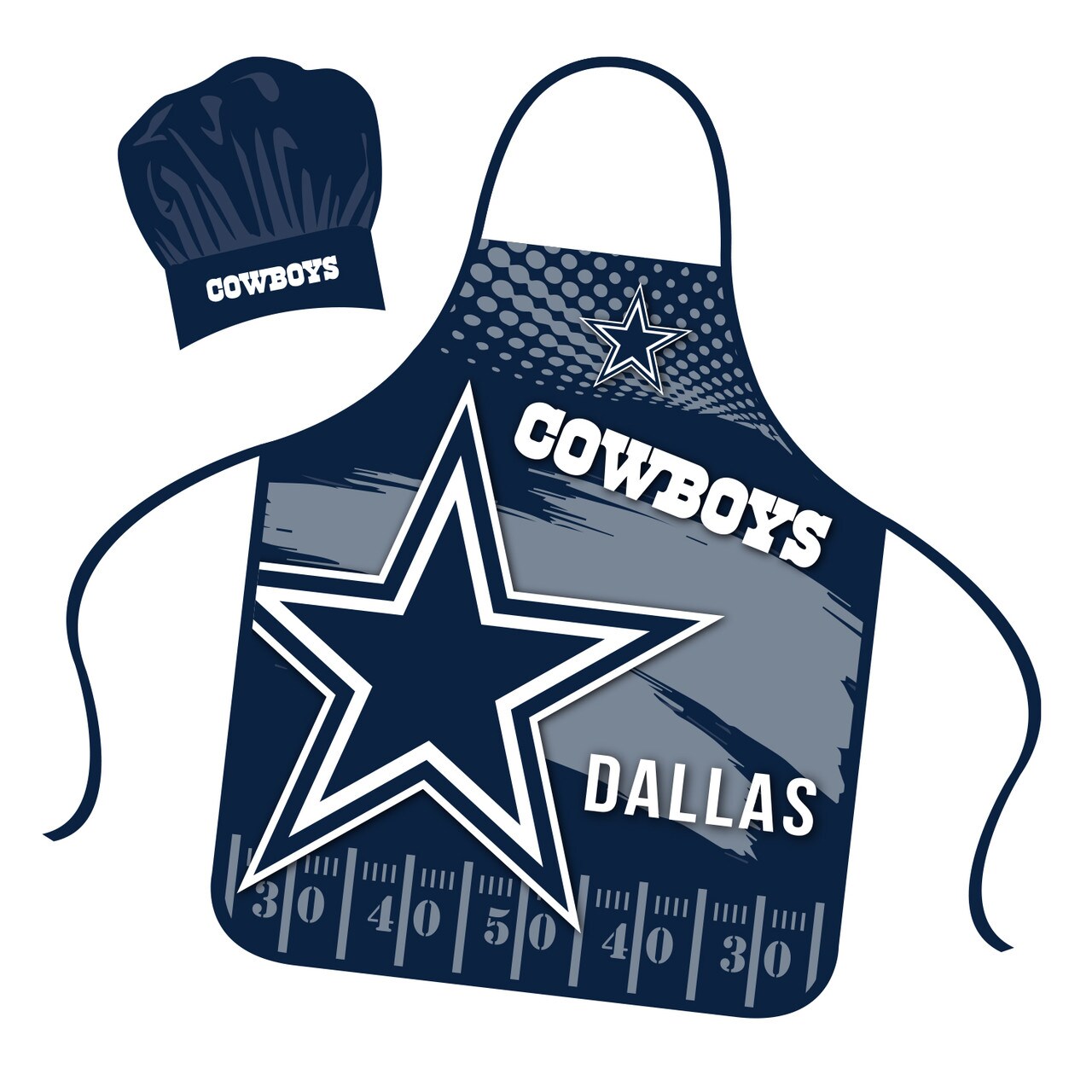 Mojo Licensing Dallas Cowboys Apron Chef Hat Set Full Color Universal Size Tie Back Grilling Tailgate BBQ Cooking Host