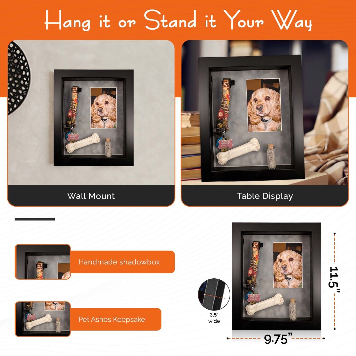 iFrame Pet Memorial Shadow Box and Pets Picture Frame for 4&#x22;x6&#x22; Photo | Pets Memorial Gifts for Pets Lover | Pet Collar, Pet Ashes Keepsake, Toys &#x26; Gift for Someone Who Lost A Pet | Made in USA