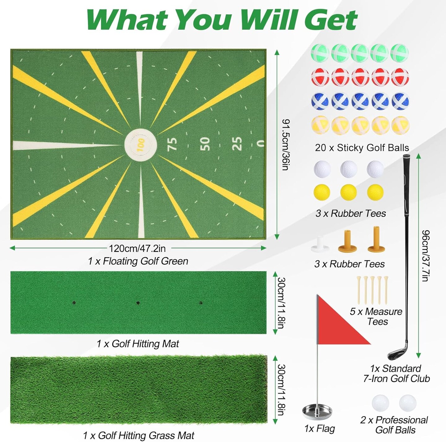 5x4ft Golf Hitting Mat &#x26; Floating Golf Green (1.5x1.2m) - Premium Practice Turf for Indoor/Outdoor, Pool, Backyard with 7-Iron Club, Balls, Tees - Perfect Gift for Men/Dad/Golf Lovers