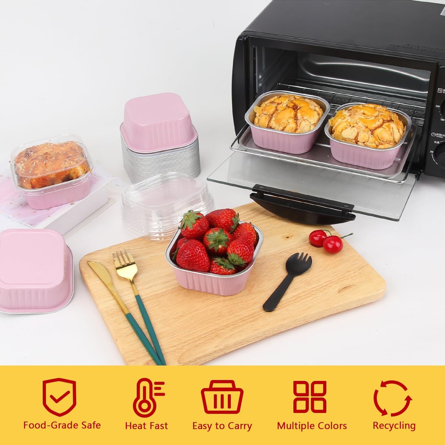 10oz Mini Cake Pans With Lids 40 Pack,LNYZQUS Aluminum Foil Square Brownie Baking Cups,Disposable 4”x4” Large Cupcake Pan,Jumbo Muffin Tin Ramekins Holders-Pink