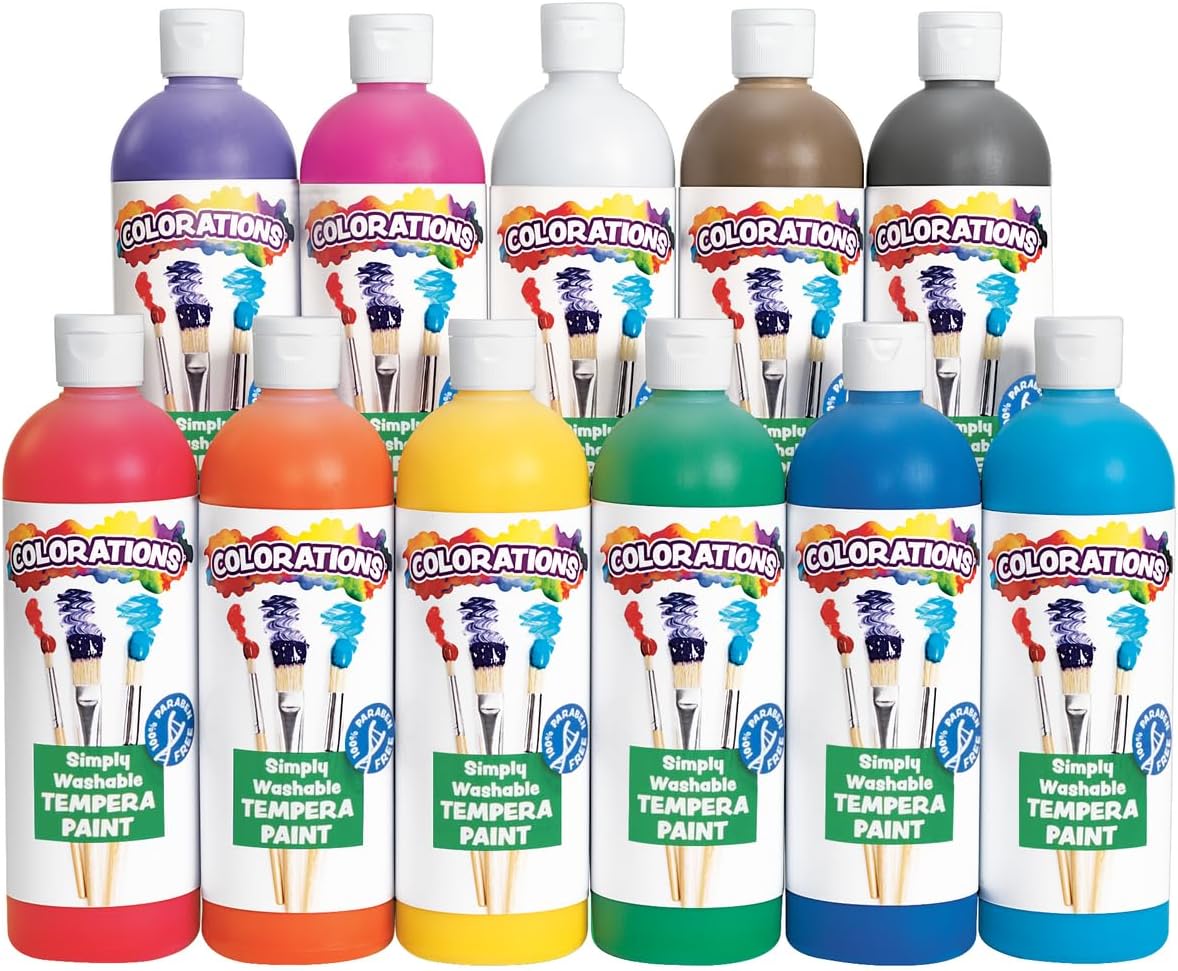 Paraben-Free Simply Washable Tempera Paint, Set of 11 Colors, Matte Finish, Classroom Supplies, Vibrant Colors, Non-Toxic Craft Paint, School, Craft, Art Supply Set, Each 16oz
