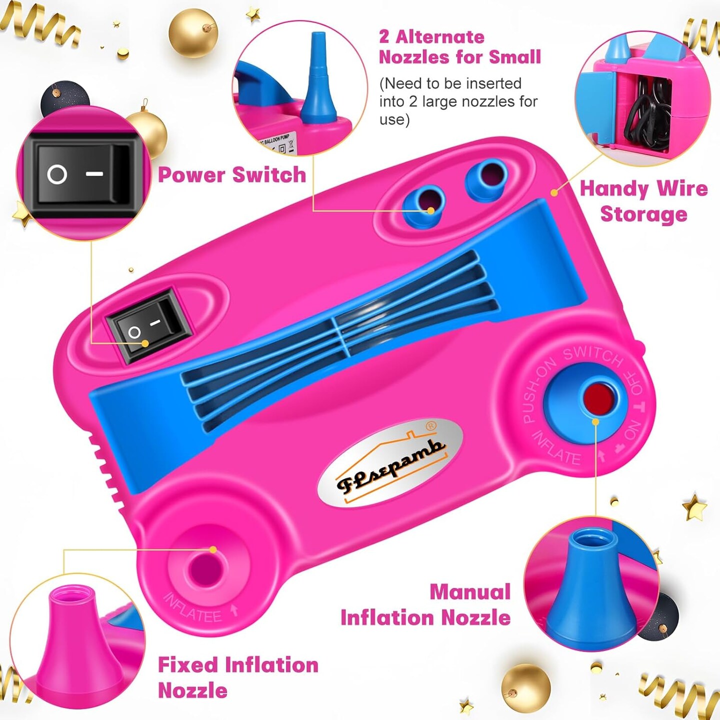 Balloon Pump, Electric Balloon Pump,Portable Dual Nozzles Electric Balloon Air Pump 110V 600W, Electric Balloon Inflator with Tying Tool, Colored Ribbons for Party Decoration