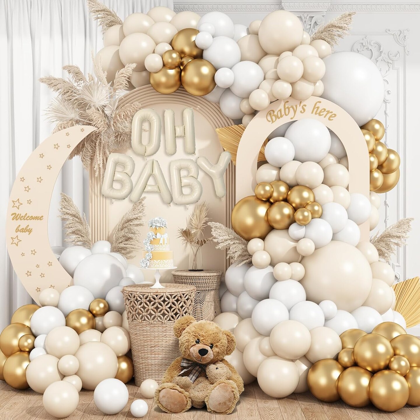 White Sand Gold Balloons Garland Arch Kit,Baby Shower Decorations Boy Girl with Oh Baby Balloon Banner for Boho Neutral Oh Baby Shower Birthday Gender Reveal Party Decoration