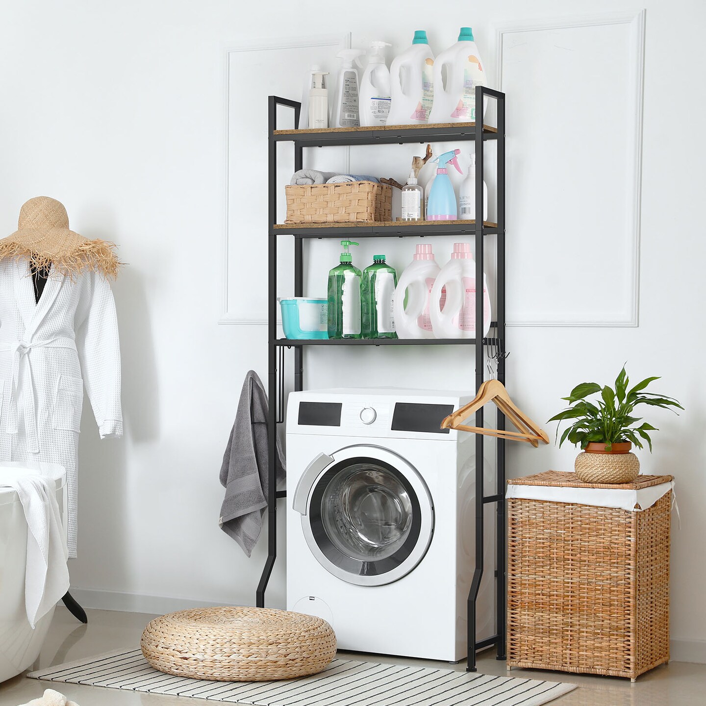 Over-The-Toilet Storage Rack 3-Tier with Anti-Tip Kit | 63.6&#x22; Tall Bathroom Organizer | Heavy-Duty Metal Frame, 30lb/Shelf, Multi-Room Freestanding Cabinet (Brown)
