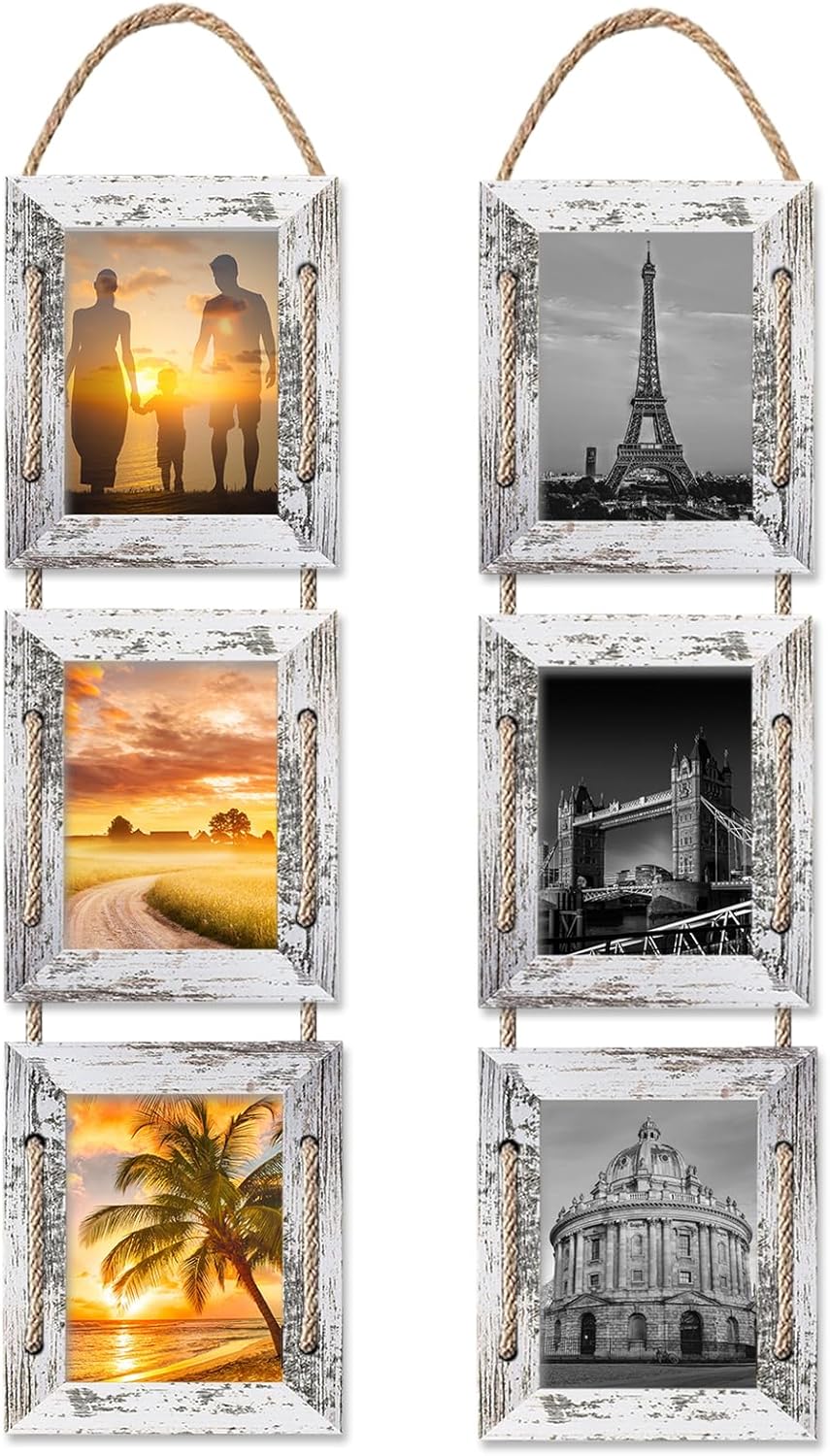 4x6 Hanging Collage Picture Frames Wall Decor, 3-Opening 4x6 Rustic Wood Frame with Hemp Rope, 2 Pack,White