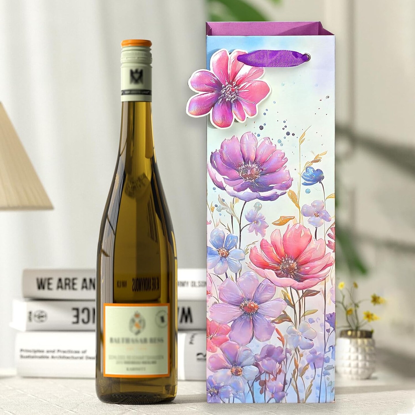 6 Pack Purple Flowers Pattern Embossed Paper Gift Bag with Handles, Assorted Paper Bags with 8 Pcs Tissue Paper for Girls/Women Baby Shower