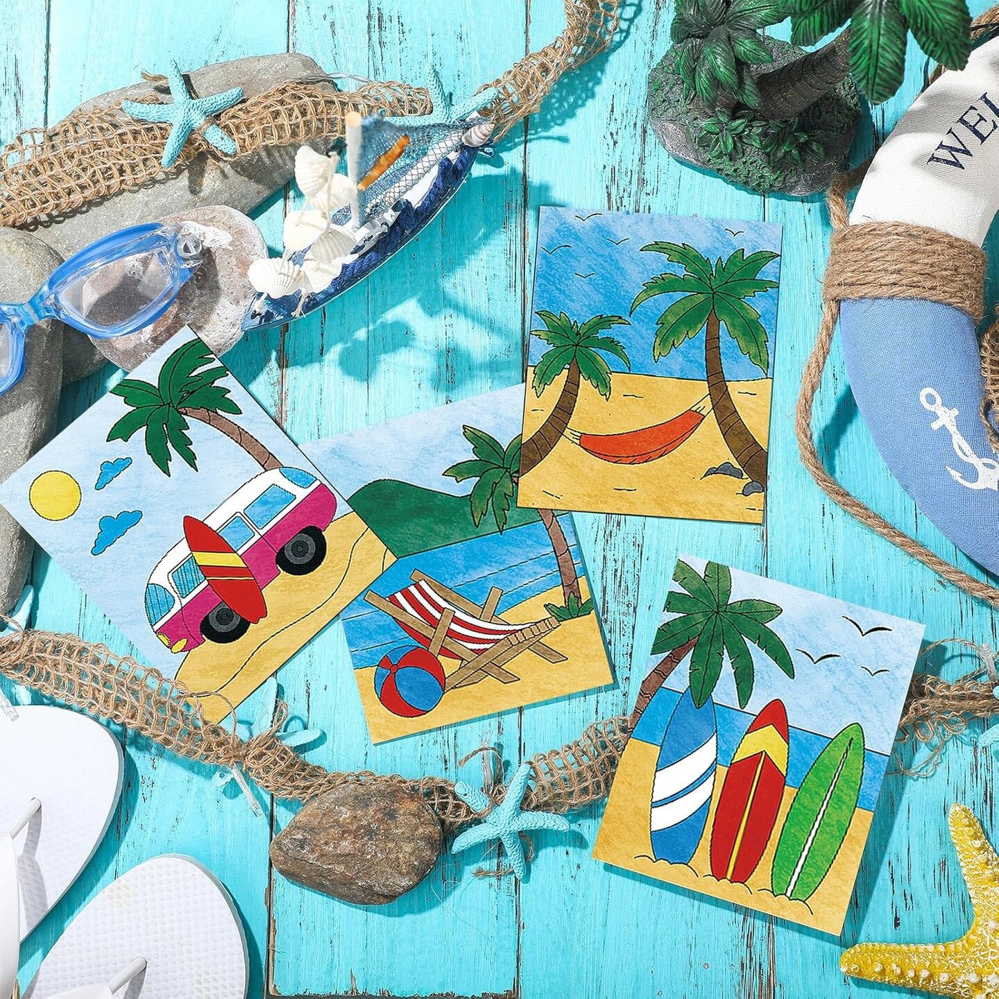 24 Pcs Large Summer Unfinished Wood Crafts to Paint, Predrilled Beach Coconut Surfboard Wooden Slices with Rope Hawaii Coloring Ornament Crafts for Summer DIY Home Party Activities