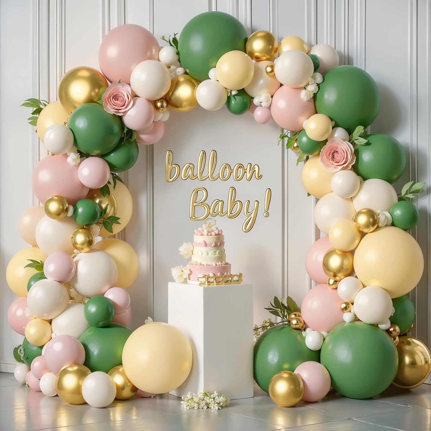 Sage Green Pink Balloon Arch Kit, Olive Green Nude Sand White Gold Balloons Garland Kit for Baby Shower Bride Shower Wedding Birthday Party Decoration