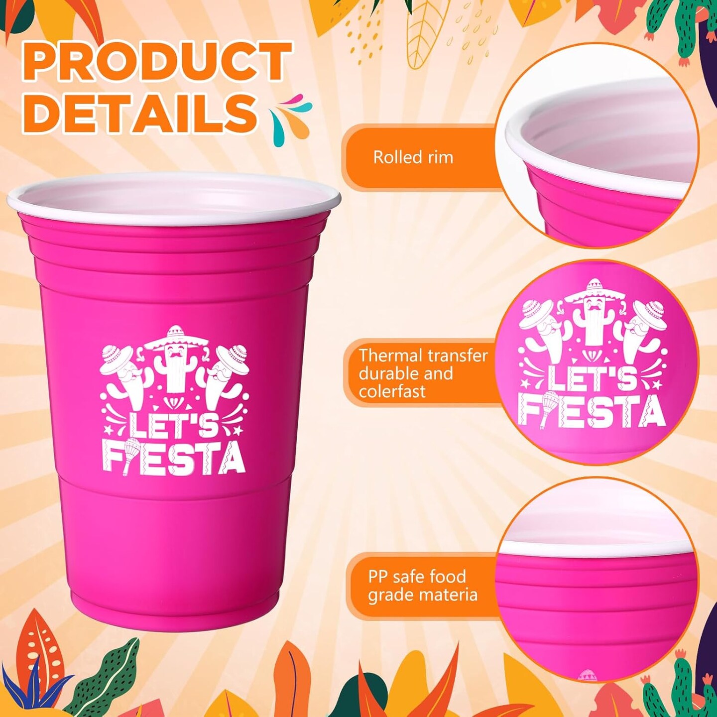 50 Pack Let&#x27;s Fiesta Cups, Cinco De Mayo 16 oz Plastic Disposable Cups for Mexican Party Hot Cold Drinks Fiesta Taco Birthday Party Supplies Decorations