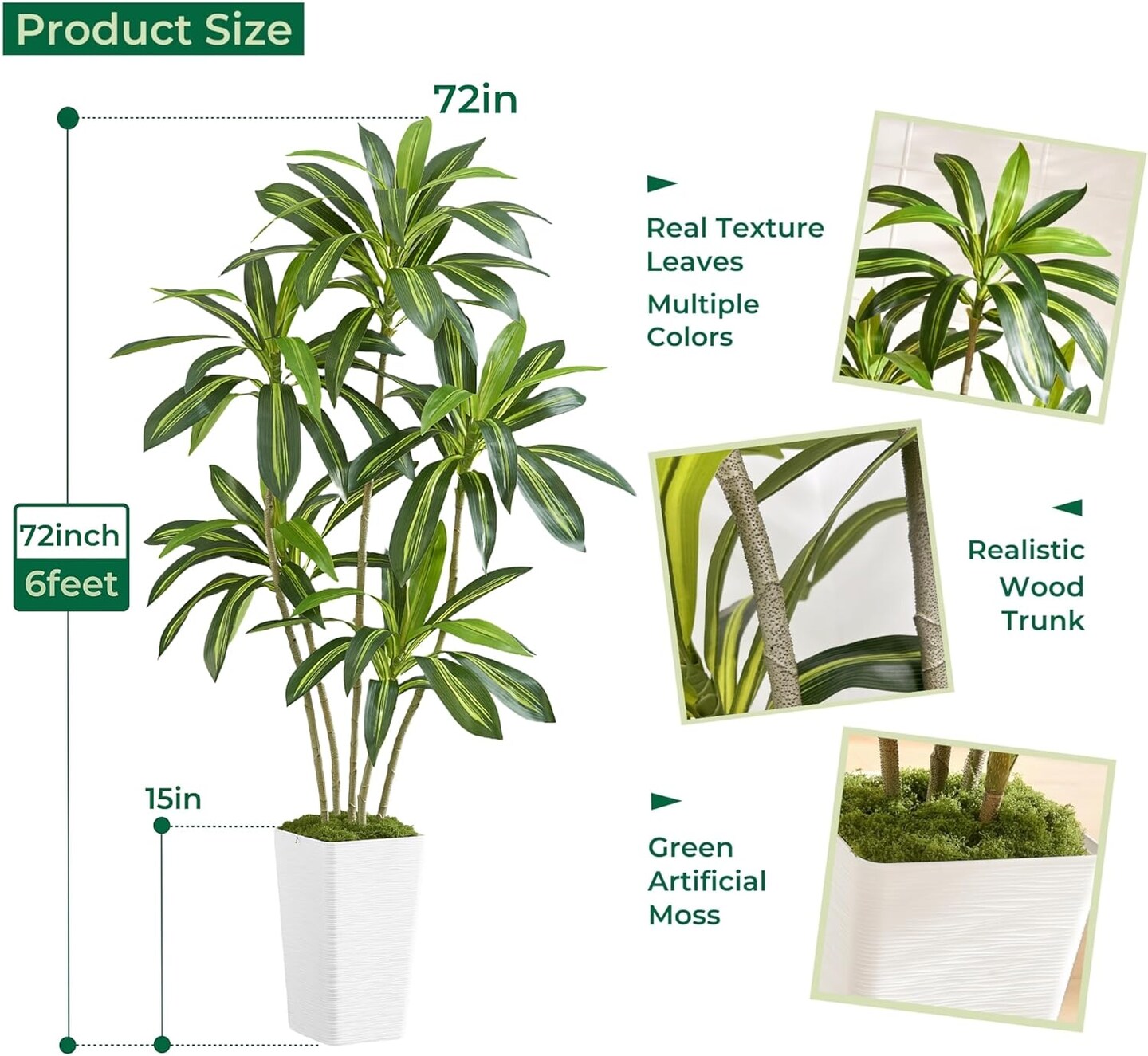 6FT Artificial Dracaena Silk Tree with White Planter - Real Touch Fake Plant for Home &#x26; Office Decor, Faux Yucca Indoor Floor Tree