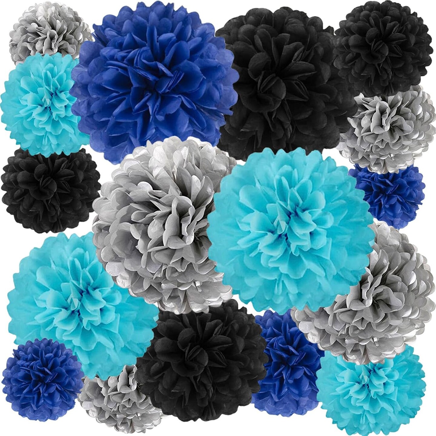 20 PCS Tissue Paper Pom Poms, Tissue Pom Poms Flowers, Sizes of 6&#x22;, 10&#x22;, 12&#x22;, 14&#x22; Hanging Paper Flower Ball for Wedding, Birthday, Graduation, Baby Shower Party Decor (Black Silver Blue)