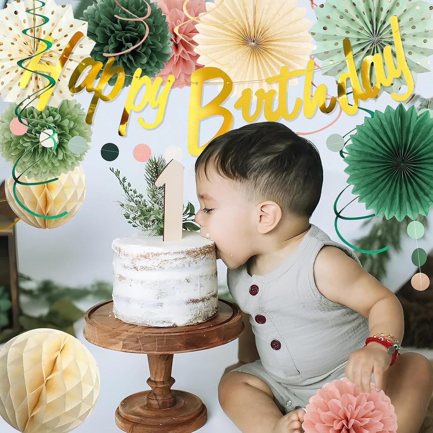 Sage Green & Pink Gold Birthday Party Decoration Kit – Banner, Garland, Pom-Poms & More