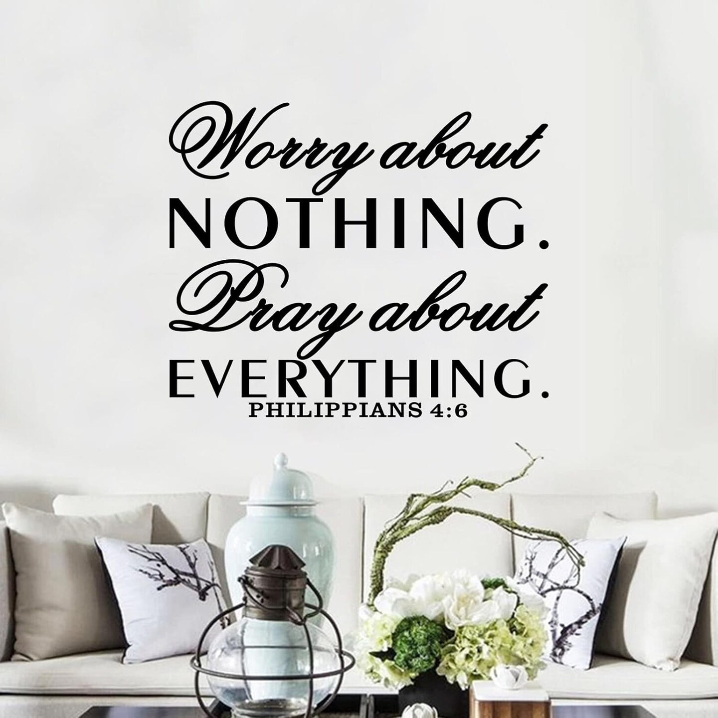 Inspirational Wall Decals, Prayer Wall Decor, Quotes Bible Verse Christian Religious Faith Bedroom Living Room Vinyl Art Decor Home Stickers Worry About Nothing Pray About Everything 18&#x22;X15&#x22;
