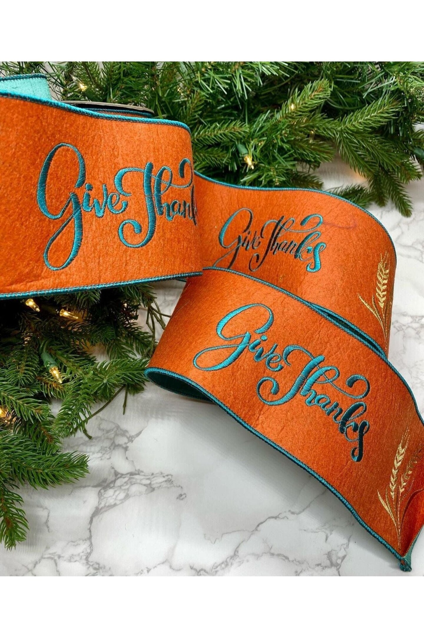4&#x22; Embroidery Give Thanks Felt Ribbon: Orange (5 Yards)