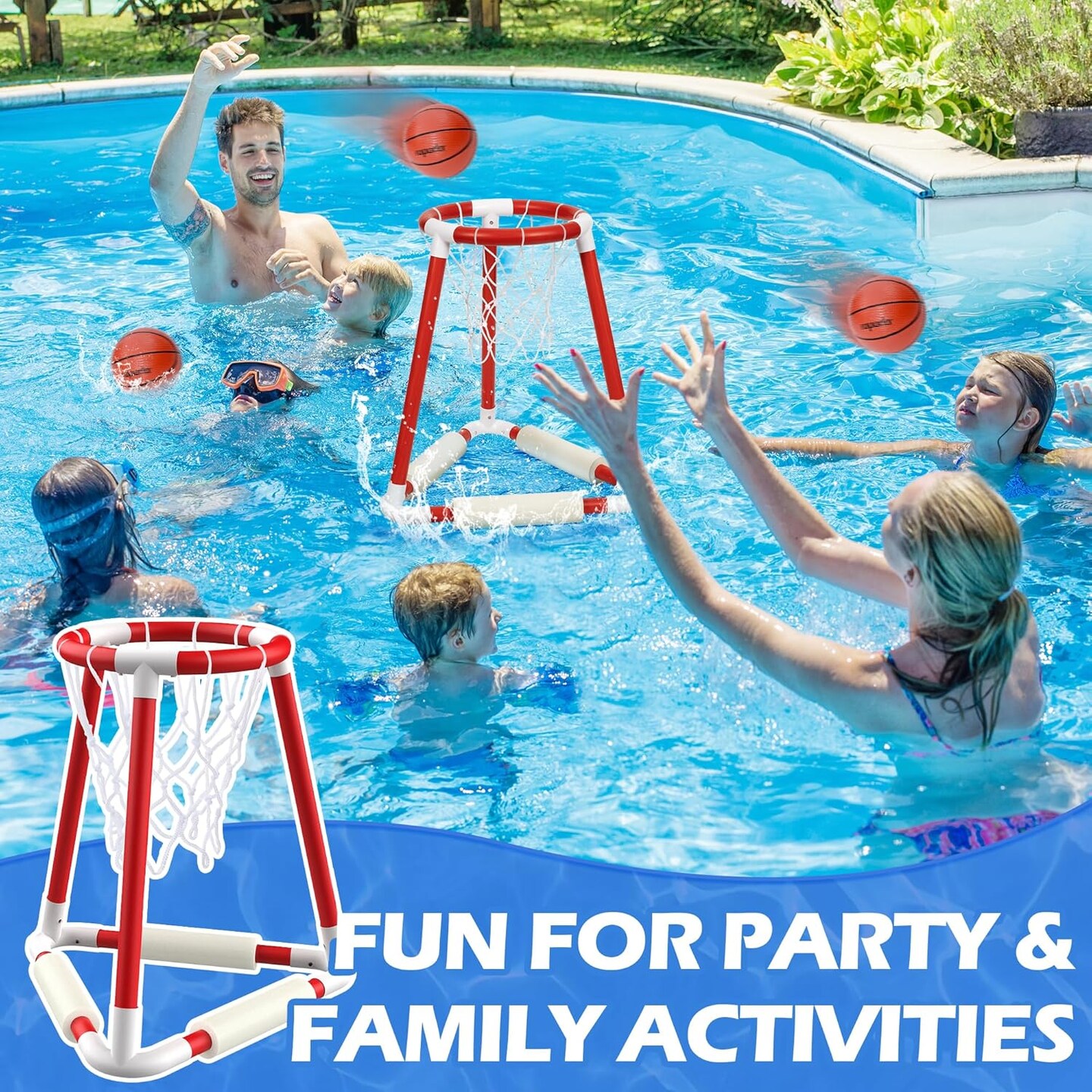 Summer Pool Basketball Hoop, Basketball Hoop Poolside, Pool Game Set with 3 Balls, Pump and Foam Float, Pool Games for Kids and Adults, Ideal Outdoor Toys