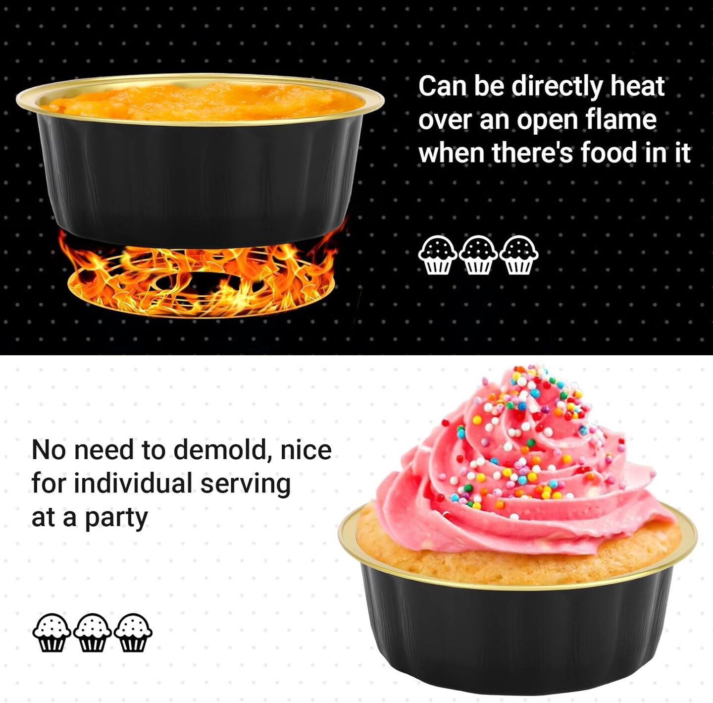 Disposable Baking Ramekins, 8 oz 100 Pack 3.9&#x22; 235ml Aluminum Foil Cups Bake Utility Ramekin Cup Souffle Cup Muffin Cupcake Baking Cup Mini Pudding Cups for Party Wedding Birthday - Black Gold