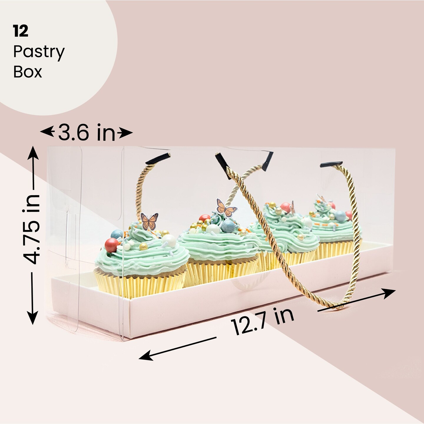 12 Pack Clear Cupcake Boxes with Gold Rope Handle and White Inserts, 4 Compartments (12.7 x 4.7 x 3.6 In)