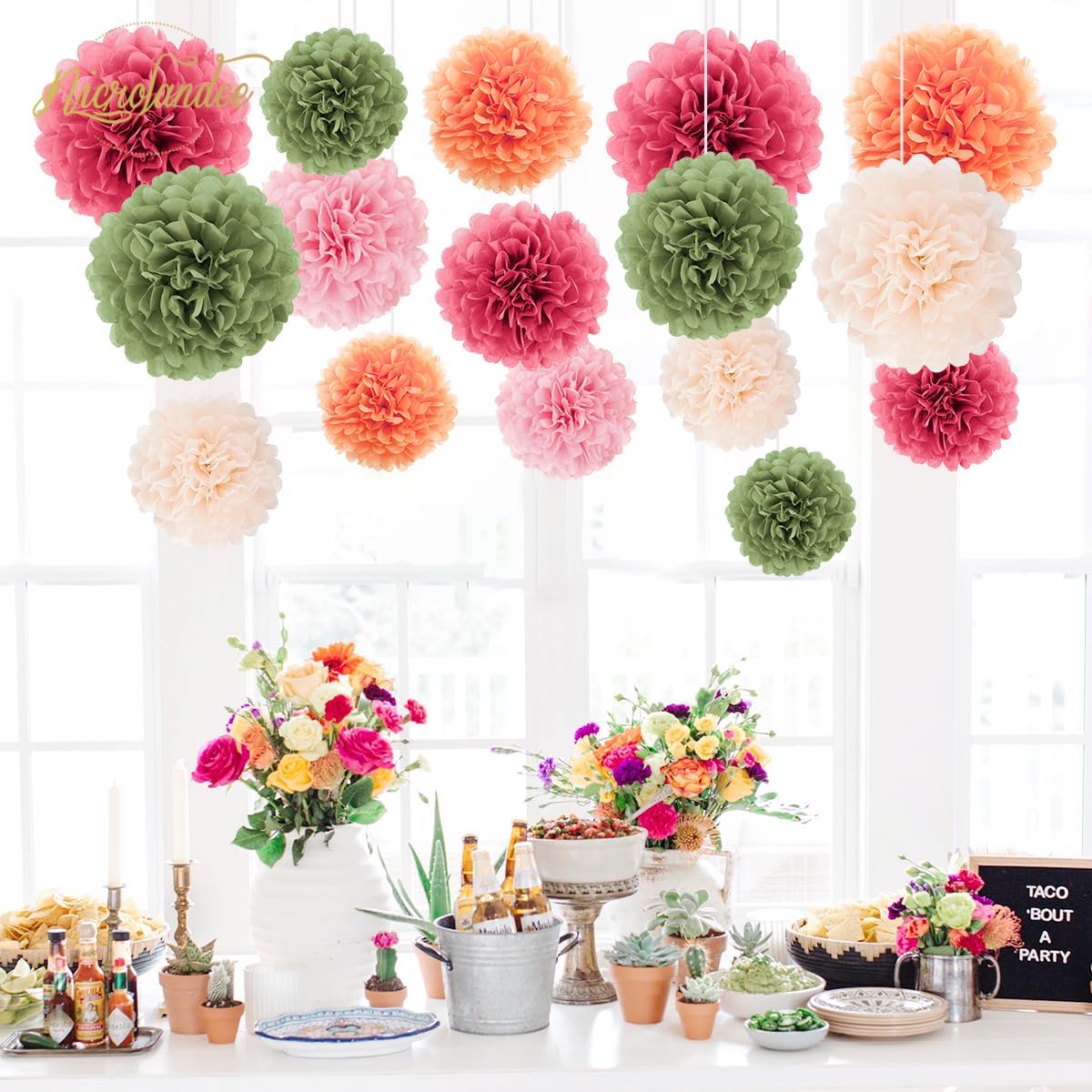 Wedding Party Decorations - 16Pcs Pink, Sage Green, Ivory Tissue Paper Pom Poms for Birthday, Engagement, Baby/Bridal Shower, Anniversary, Pastel Party, Festival Decorations