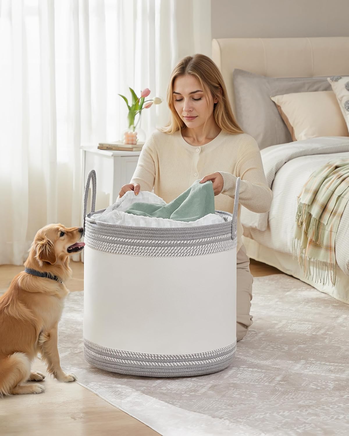 Laundry Hamper 90L, Laundry Basket with Handles, Laundry Bag with Lid, Cotton Rope, Drawstring, for Clothes, Blankets, Living Room, Bedroom, Dove Gray