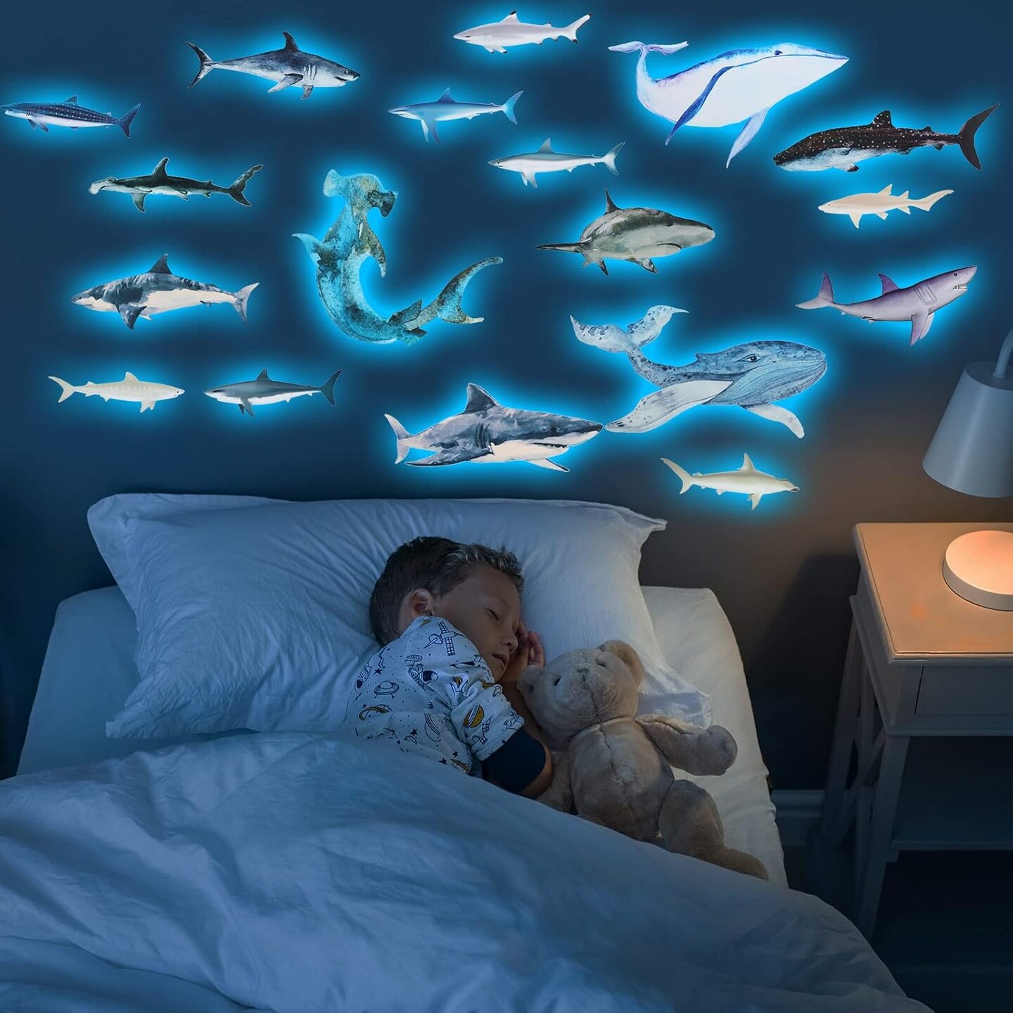18pcs Glow-in-the-Dark Shark Wall Decals – Removable Sea Theme Stickers for Room & Bathroom