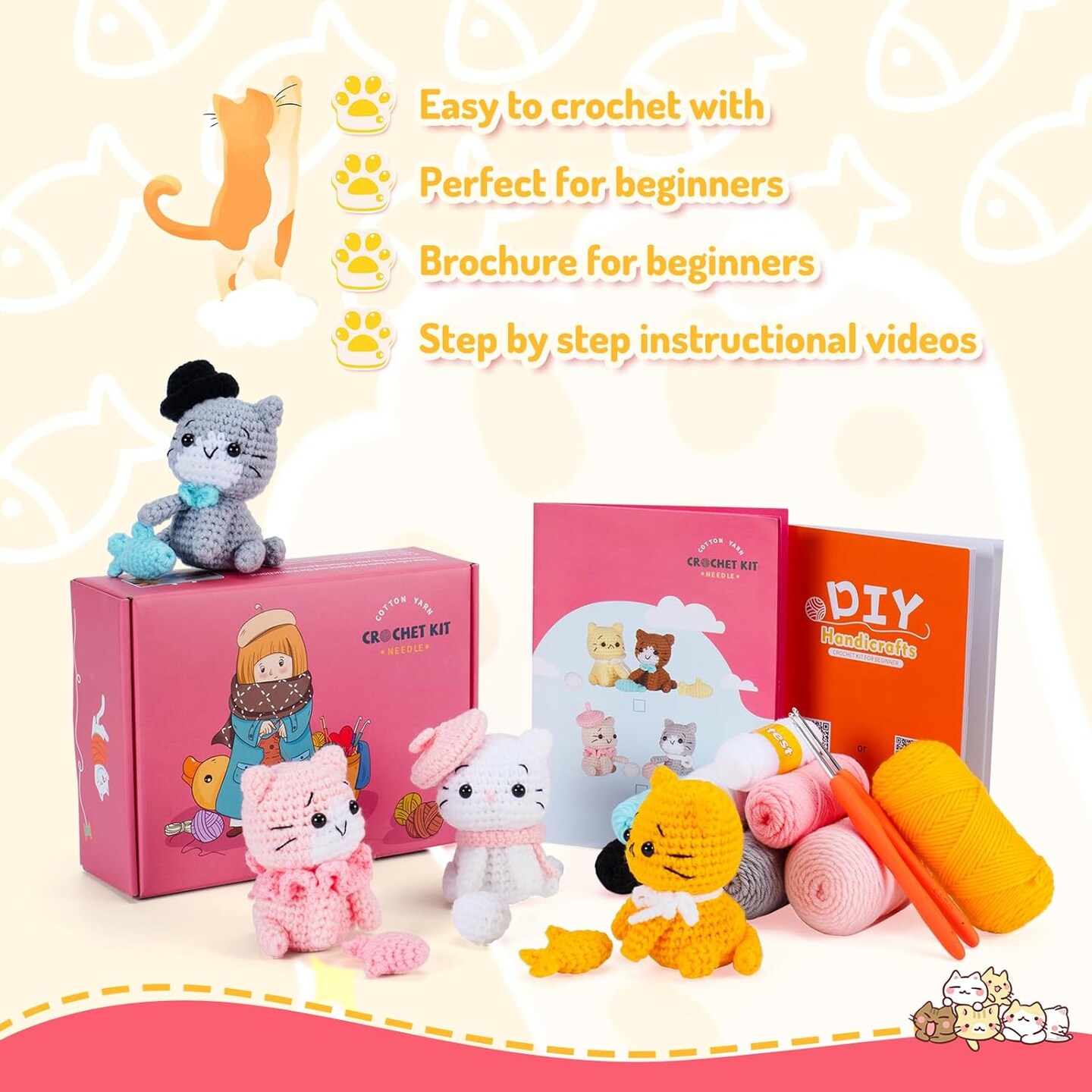 Crochet Kit for Beginners - Cat Crochet Kit Learn to Crochet Kits for Adults and Kids, 4 PCS Cat with Hat, Toy, Fish Crocheting Set