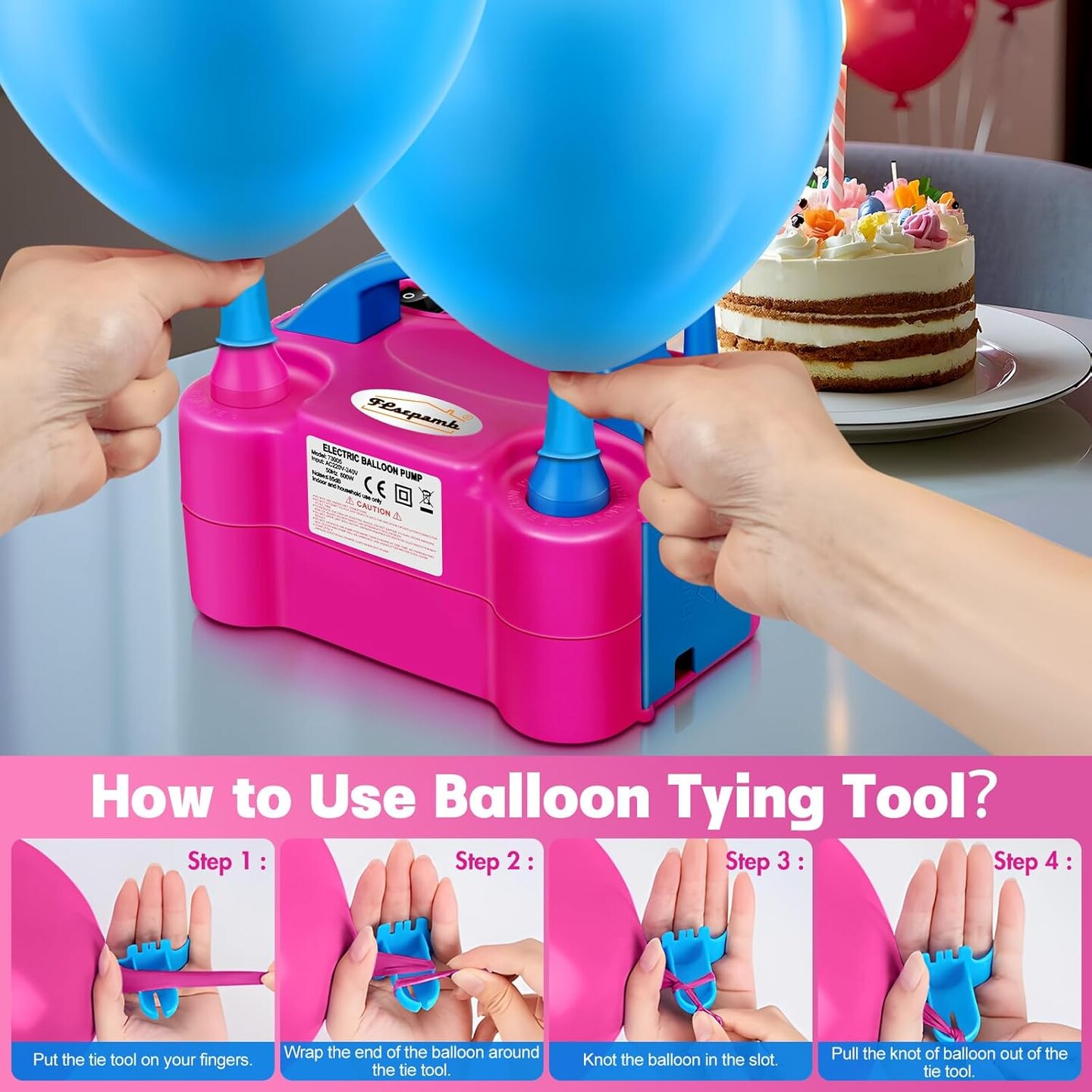 Balloon Pump, Electric Balloon Pump,Portable Dual Nozzles Electric Balloon Air Pump 110V 600W, Electric Balloon Inflator with Tying Tool, Colored Ribbons for Party Decoration