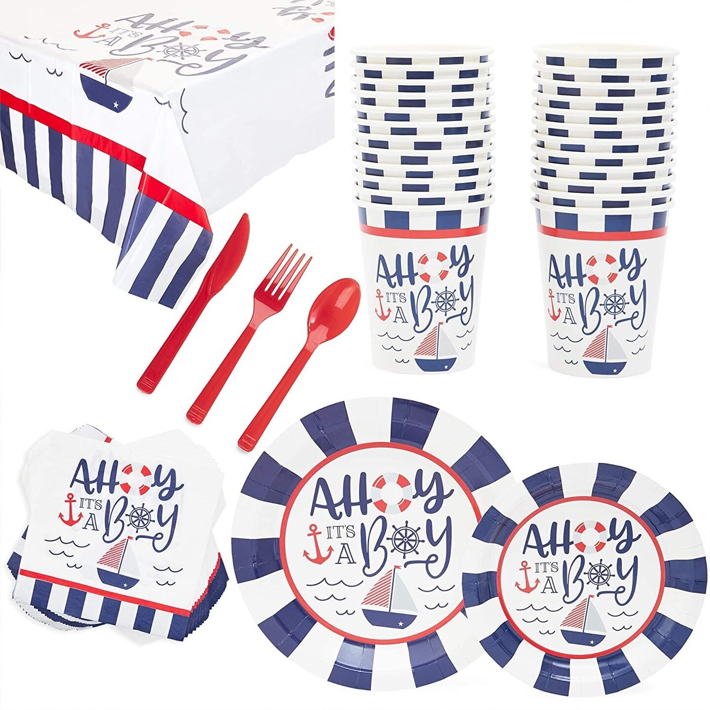 Ahoy It&#x27;s a Boy Baby Shower, Nautical Anchor Theme Party Supplies, Decorations, Plates, Napkins, Tablecloth, Cups, Cutlery (24 Guests, 169 Pieces)