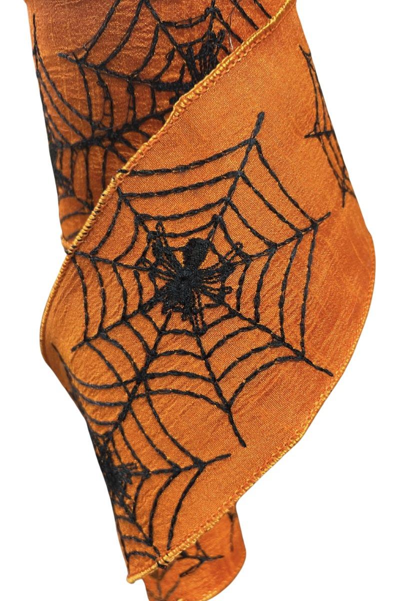 4&#x22; Embroidered Spider Web Ribbon: Orange (10 Yards)