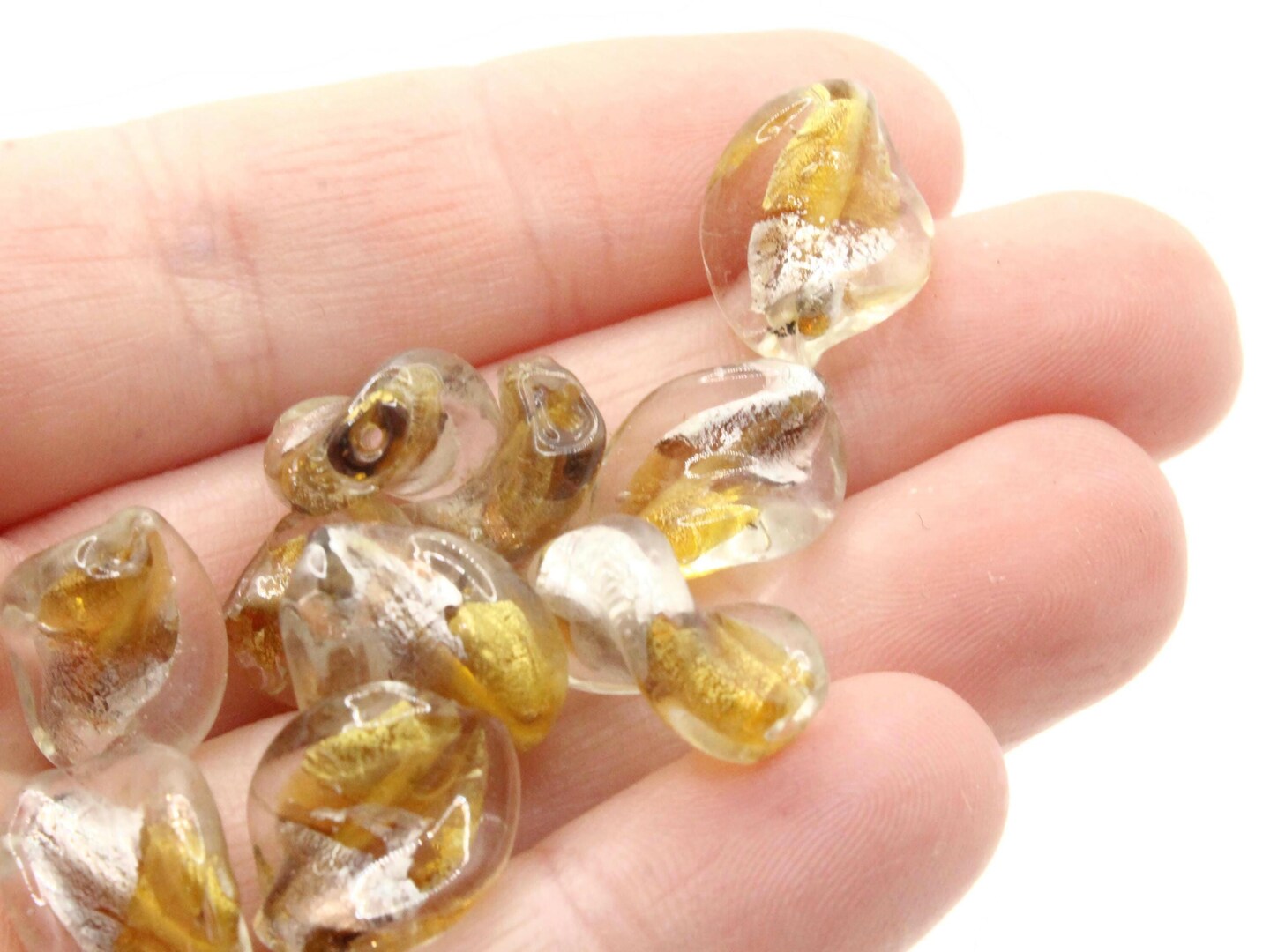 10 15mm Silver and Gold Lampwork Glass Flat Oval Twist Beads