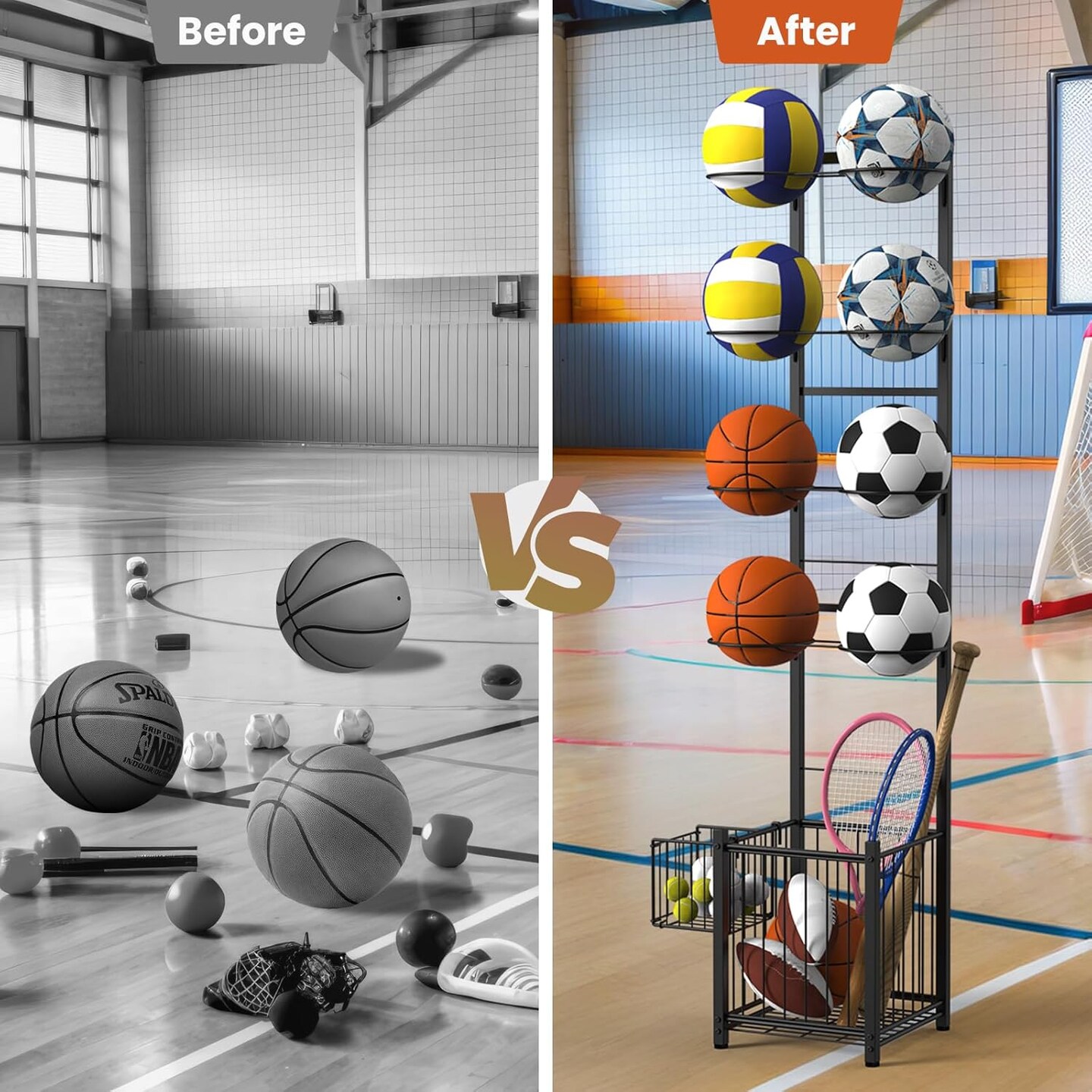 8-Ball Vertical Sports Rack with 2 Baskets &#x2013; Heavy-Duty Metal Ball Holder for Basketball, Soccer, Football, Rackets | Indoor/Outdoor Garage Organizer, Black