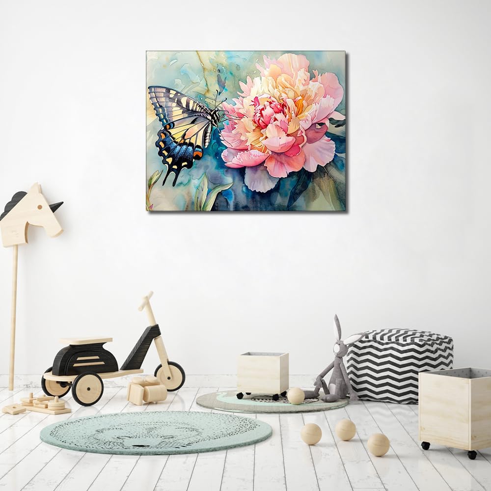 Paint by Numbers Butterfly Adult Paint by Numbers Butterfly and Peony Flowers Paint by Numbers Kit for Adults Canvas Oil Hand Painting Craft for Home Decor Kits 16x20 Inch Without Frame